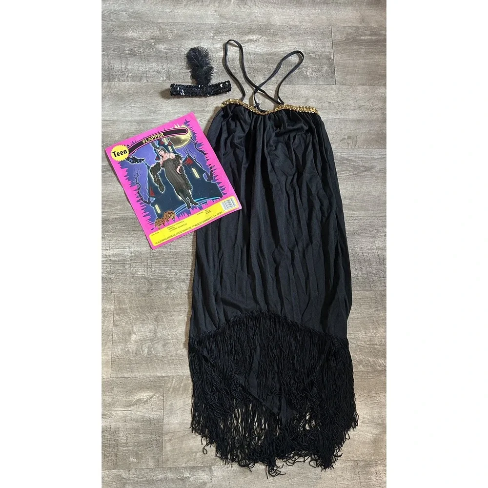 Fringed Flapper Dress Roaring‎ 20's Black Gold Sequin Headband Halloween Teen